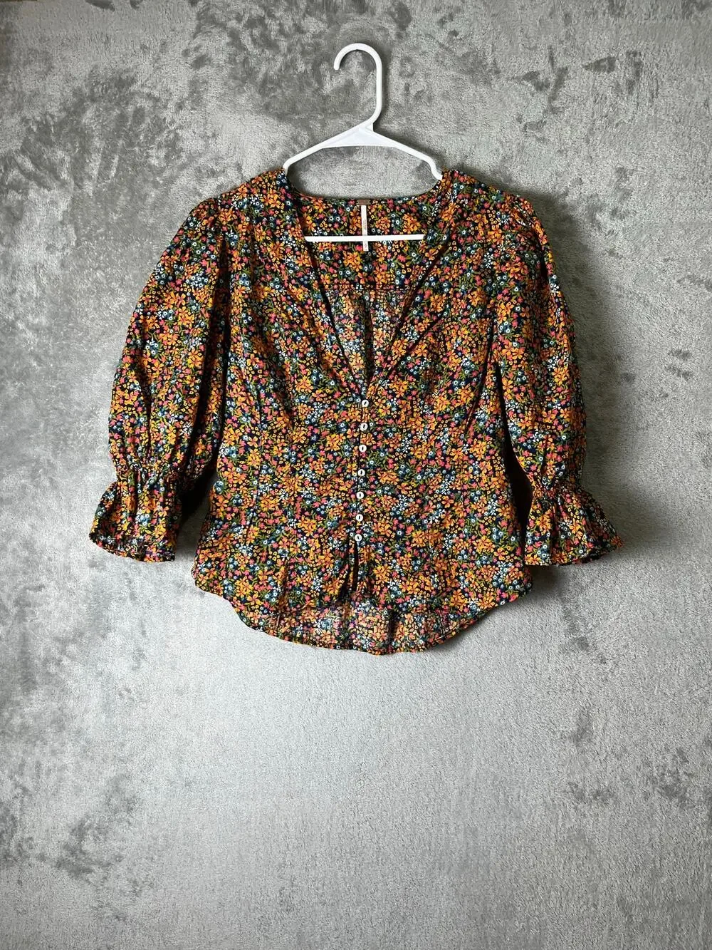 Free People Floral‎ Peplum Blouse Women's Small Puff Sleeve Button Front Boho
